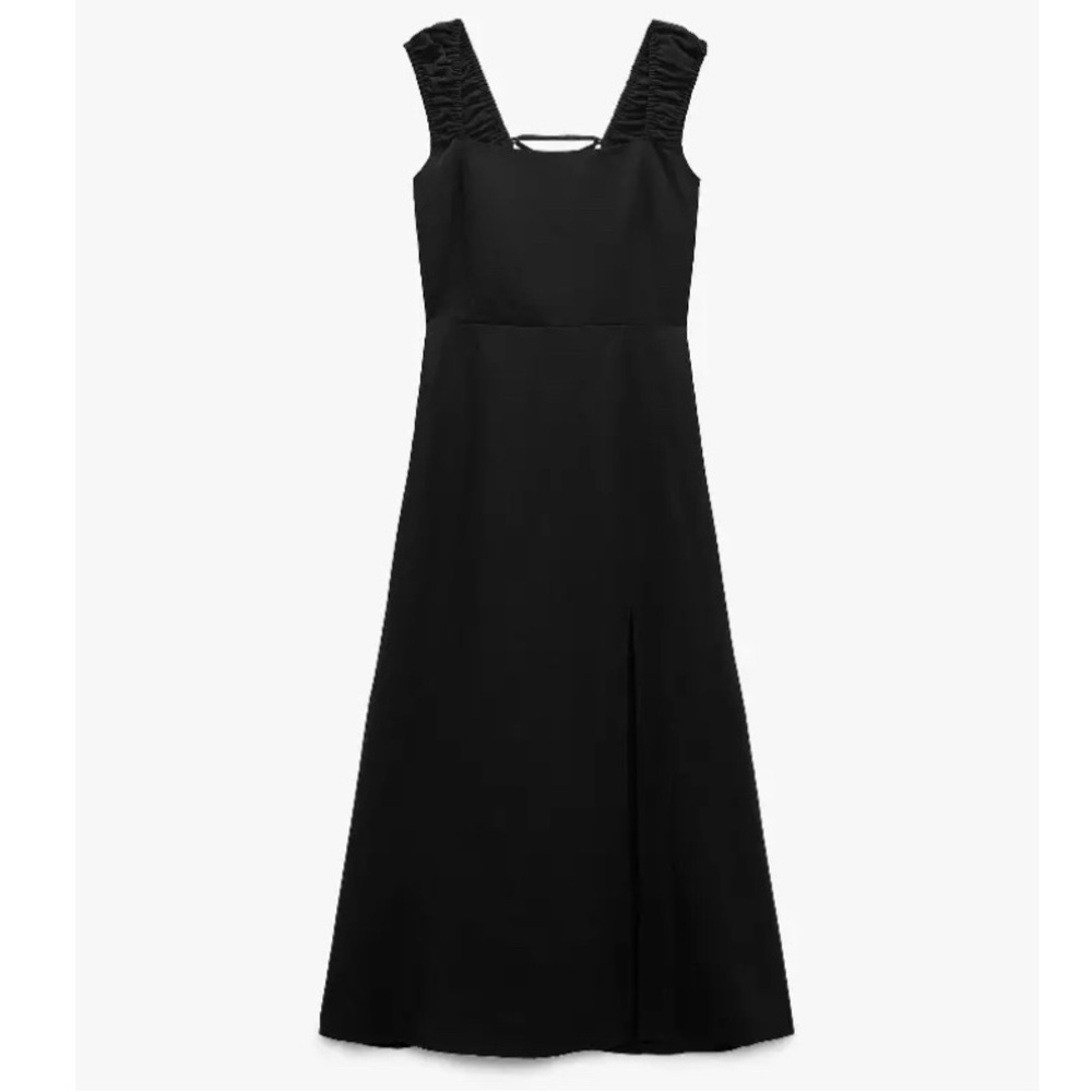 Zara Black Midi Dress Shoestring Tie Back Linen Blend Side Slit Size Small